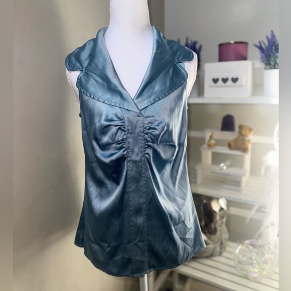 Vintage Blue Silk Blend Satin Ruched Blouse Sleeveless Collared Top Women’s M - Picture 8 of 13